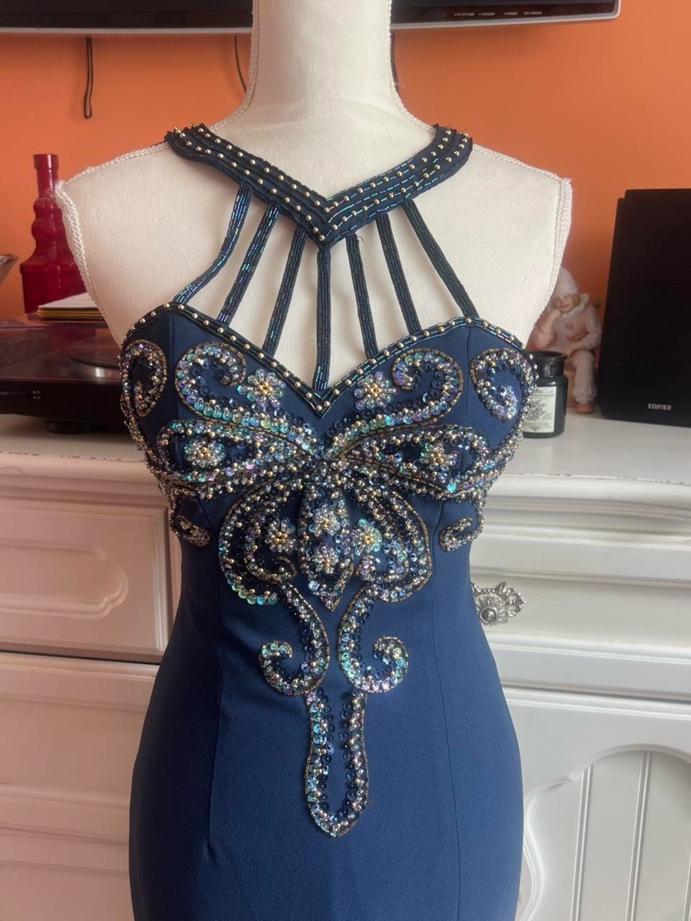 Beaded Strappy Navy Prom Dress